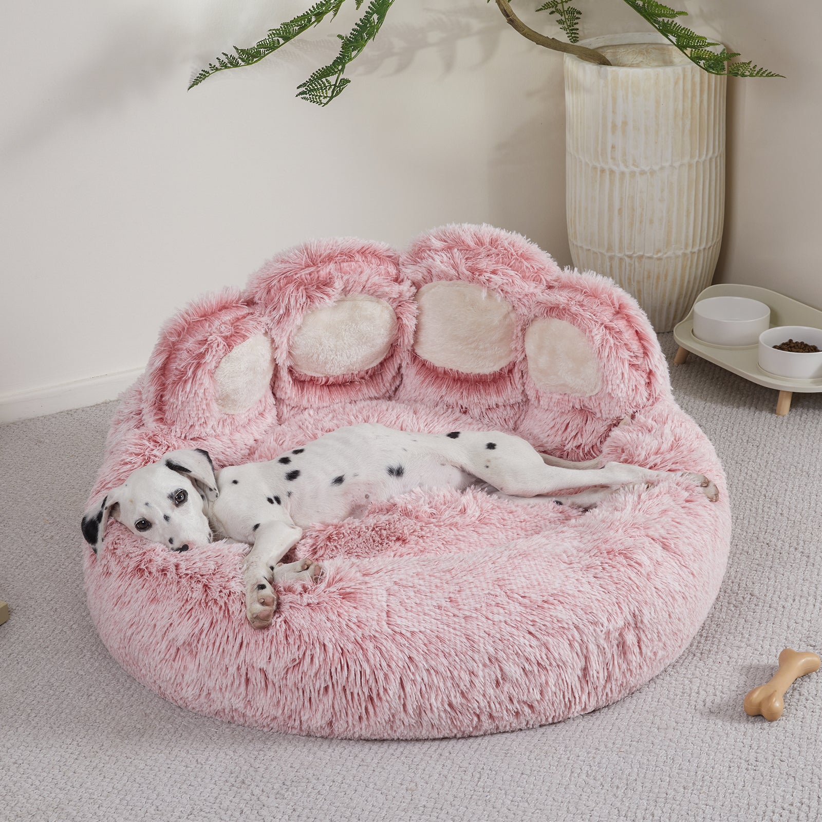 Cozy Paw-Shaped Calming Pet Bed Soft Faux Fur, Round Donut, Machine