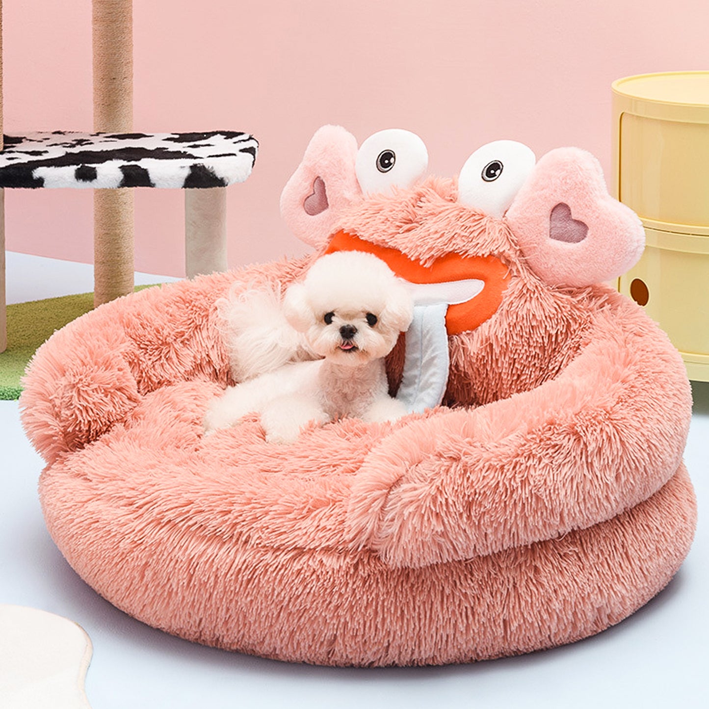 Pink Crab Cozy Calming Pet Donut Bed - Soothing & Soft for Dogs and Cats